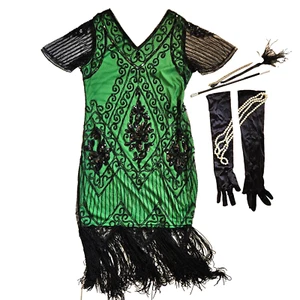 Womens XL Green Black Sequin Fringe Flapper Dress Gatsby & Accessory Set - Picture 1 of 14
