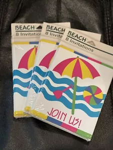 Juego de 3 paquetes de invitaciones paraguas de playa 8 cada uno únete a nosotros vintage EE. UU. - Imagen 1 de 3