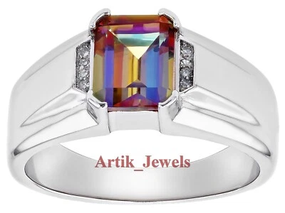 Natürlich Mystic Topas Mit 14K Weiß Vergoldet Silber Ring für Herren #770 - Bild 1 von 4