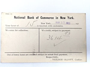 Vintage 1911 National Bank of Commerce New York Receipt Postcard D-3 - Picture 1 of 3