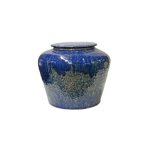 Vintage Distressed Deep Blue White Flecks Round Pottery Pot Jar Urn ws4527 - Picture 1 of 6