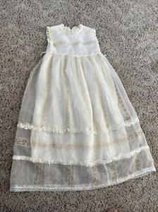 Vintage 1970s Irving Mack White LACE & RUFFLE Pink Flower First Communion dress - Picture 1 of 16