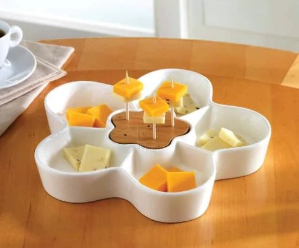 White Essentials 10" Sectioned White Stoneware Server With Toothpick Holder - Image 1 of 1