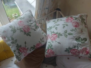 Two Decorative Cushions Cabbage Rose Cotton 16ins Square - Picture 1 of 3