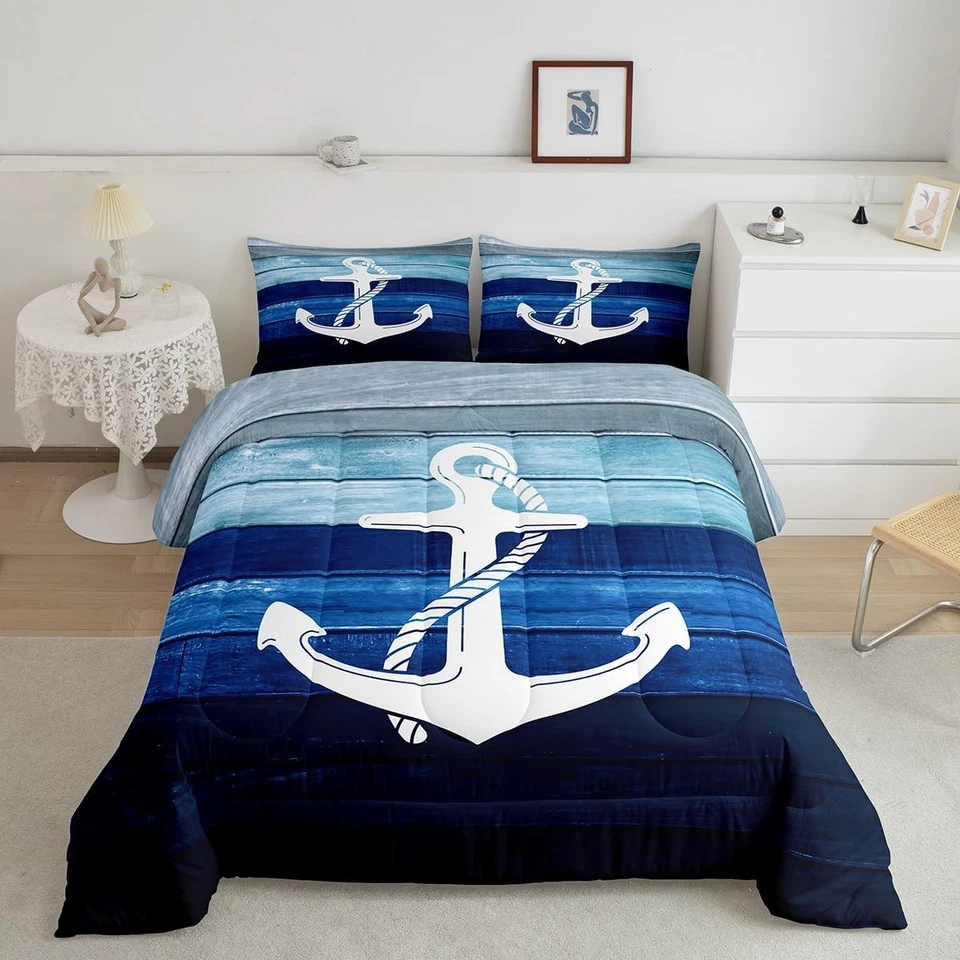 Conjunto de edredom branco âncora queen size, estilo náutico oceano aventura para baixo alt... - Imagem 1 de 4