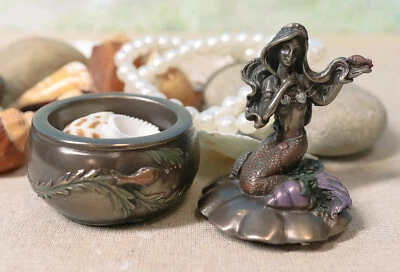 EBROS GIFT Cute Mermaid Sitting On Oyster Sea Shell Small Jewelry Decorative Trinket Box