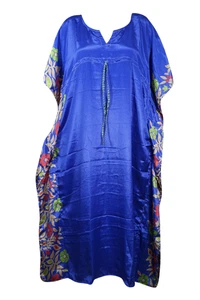 Blue Maxi Kaftan Recycle Sari Printed Bikini Cover up HI DRAWSTRING Dress