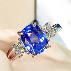 2.60 Ct Blue Sapphire & Lab Created Diamond Ring Cushion Cut 950 Platinum Size 5 - Picture 1 of 10