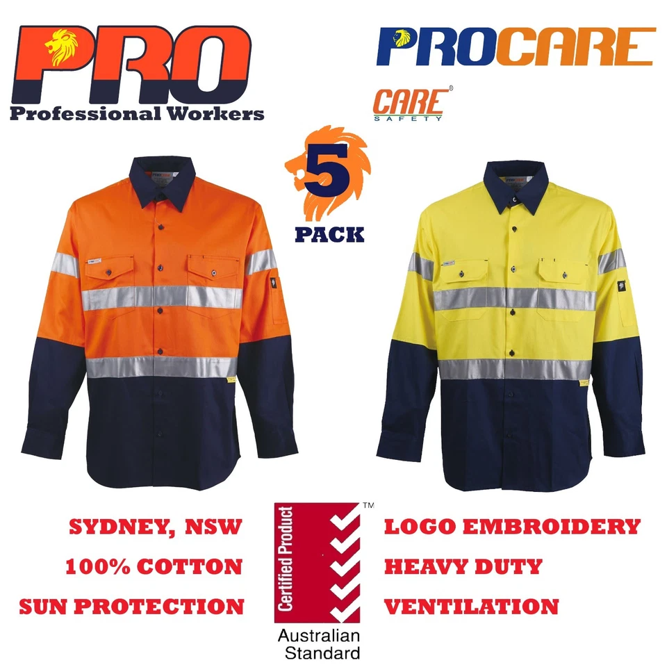 5 pack Hi Vis Work Shirt vent Cotton drill CR 3M Tape WorkWEAR long sleeves - image 1 of 4