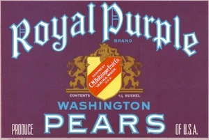 Original ROYAL PURPLE pear crate label Yakima Washington Holtzinger crest lions - Picture 1 of 1