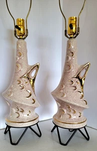 Pr Vtg Mid Century Modern 50's Speckle Ceramic, Metallic Gold & Hairpin Lamps - Picture 1 of 11