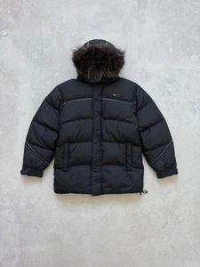 Vintage Nike 00s Puffer Black Down Jacket Fur Hood Warm Swoosh Logo Size S - Picture 1 of 24