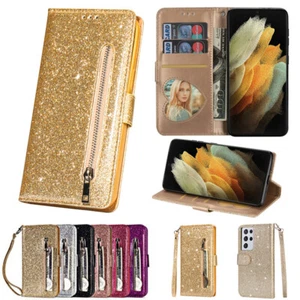 Glitter Wallet Case Strap Zip Card Flip Cover for Samsung S24 FE/S24+/S25+ Ultra - Picture 1 of 18