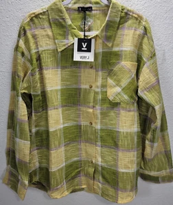 Very J Womens Cotton Linen Long Roll Tab Sleeve Blouse Sz Medium Green Plaid New - Picture 1 of 8