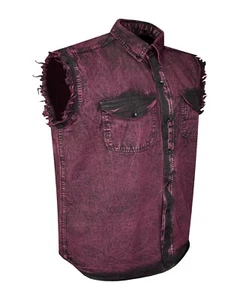 Men's Stonewashed Burgundy Sleeveless Cotton Shirt Summer Motorcycle Bike Riding - Picture 1 of 5