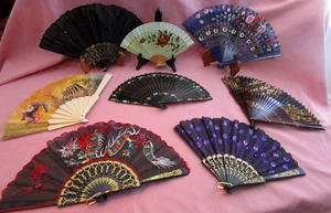 Vintage HAND FANS (8)  HAND PAINTED FLORAL embroidered WOOD sequins SIGNED ~ exc - Picture 1 of 13
