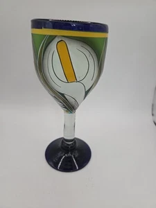 Mexican Hand Painted Hand Blown Wine Goblet Cobalt Blue Flower Themed - Picture 1 of 6