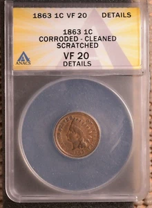 1863 Indian Head Penny Cent VF 20 ANACS Details Cleaned Very Fine Free Shipping - Picture 1 of 2