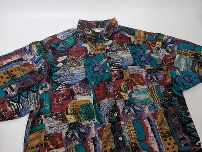Camisa Jane Ashley Botón Seda Manga Corta Abstracta Psicodélica Hawaiana Talla M Foto 1 de 4