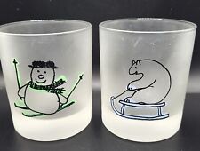 Set of 2 Darlington Designs Frosted Lowball Glasses  Winter Theme Snowman Skiing