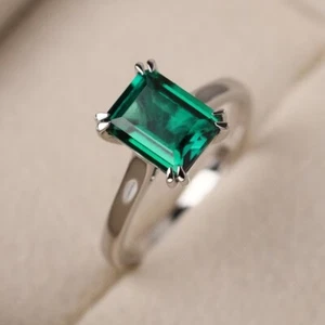 Classic Emerald Ring Lab Created Gemstone 925 Sterling Silver Women Ring - Picture 1 of 5