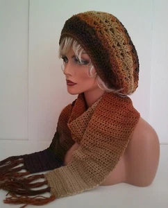 NEW BROWN MULTI COLOR RASTA HAT AND SCARF SET BERET CLOCHE BAGGY SLOUCHY - Picture 1 of 7