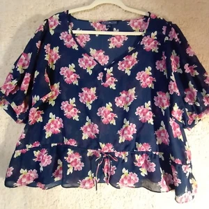American Living Damen Gr. XL transparent blau mit rosa Blumen V-Ausschnitt Kurzarm Oberteil - Bild 1 von 8