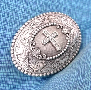 Western Cross Belt Buckle Religious Christian Cowboy Scroll Vtg Nocona .NOX980 - Picture 1 of 10