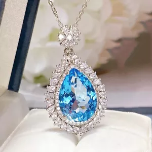 Waterdrop Shaped Titanic Ocean Blue Topaz Gems Silver Women Necklace Pendants - Picture 1 of 6