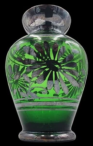 Beautiful Antique Art Nouveau Green Glass Vase with Silver Overlay - Picture 1 of 7
