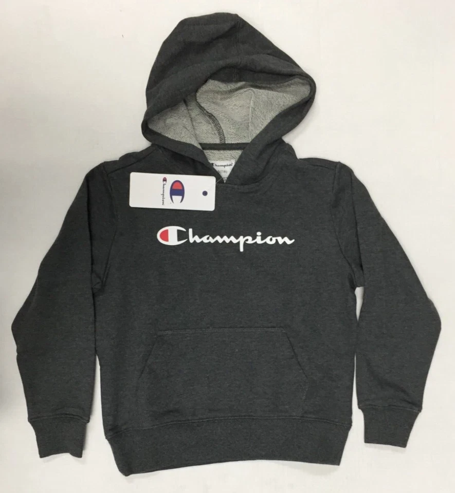 Champion Script Boy's Pullover Sweatshirt Hoodie Charcoal Gray Youth S 7/8
