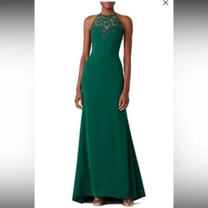 Badgley mischka / emerald green lace Tyler maxi dress halter neck gown long 12 - Picture 1 of 6
