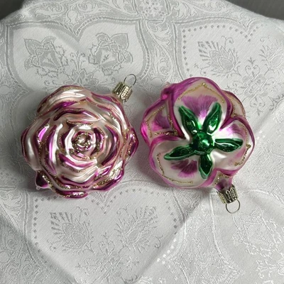 Vintage West Germany Molded Glass Rose Ornaments Pink White Gold Floral Set 3.5" - Image 1 of 4