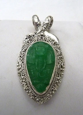 2 1/2' LRG SARDA CARVED ELEPHANT GREEN ONYX CHALCEDONY STERLING SILVER  PENDANT - Image 1 of 4