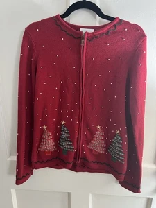 Charter Club Women Zip Cardigan Medium Red Not Ugly Christmas Tree Sweater - Picture 1 of 5