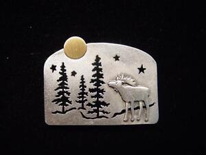 "JJ" Jonette Jewelry Silver Pewter MOOSE in the Moonlight Pin ~ Alaska ~ Canada