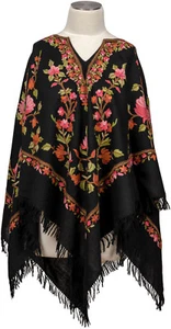 Poncho Kashmir hand bestickt hand embroidered 100% Wolle wool Schwarz Black - Picture 1 of 2