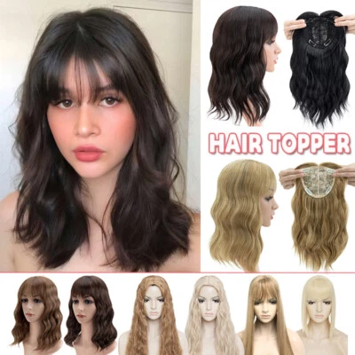Toupee Topper Hair Hairpiece Full Head Clip In as Human Hair Extension w/ Bangs - Image 1 of 4