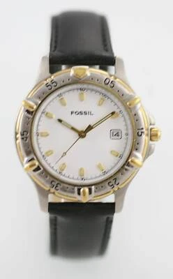 Fossil Orologio Uomo Data Nero Pelle Acciaio Inox Argento Oro 30m Batt Bianco, - Immagine 1 di 3