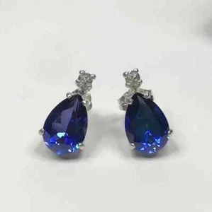 Pendiente de diamantes de zafiro azul natural corte pera de 5,10 quilates oro blanco real de 14 quilates - Imagen 1 de 10