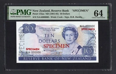 New Zealand 10 Dollars ND(1981-85) P172as "Specimen" UNC Grade 64 - Image 1 of 2