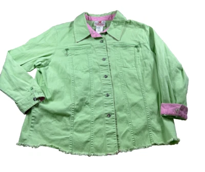 Quacker Factory Size 1X Green Denim Jean Jacket Rhinestones Pink Inside Artsy - Image 1 of 4