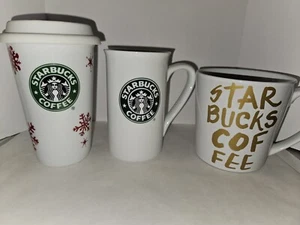LOT OF 3 STARBUCKS COFFEE CUPS, MUGS, TRAVEL MUG, 8-14 OZ. USED, EX. COND. - Picture 1 of 7
