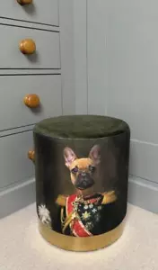 Quirky Stool - French Bulldog wearing Vintage Uniform - Green Velvet Gold Base - Picture 1 of 7