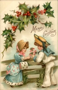 Merry Christmas Cute Kids Boy and Girl 1909 Vintage Christmas Postcard - Picture 1 of 2