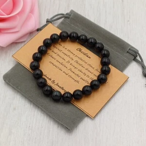 OBSIDIAN Bracelet Stretch Fit Handmade +Gift Bag & Card Crystal Gemstone 4/6/8mm - Picture 1 of 16