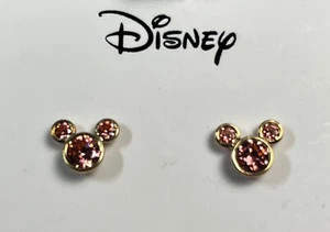 Mickey Mouse 10K Gold Pink CZ earrings Surgical Steel Back Disney New - Picture 1 of 3