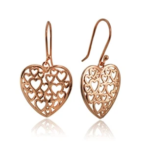 Open Heart Filigree Dangle Earrings in Rose Gold Plated Sterling Silver - Picture 1 of 4