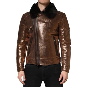 DOLCE & GABBANA Jacket Bronze Leather Fur Full Zip Biker IT54/US44/XL 2630usd - Picture 1 of 8