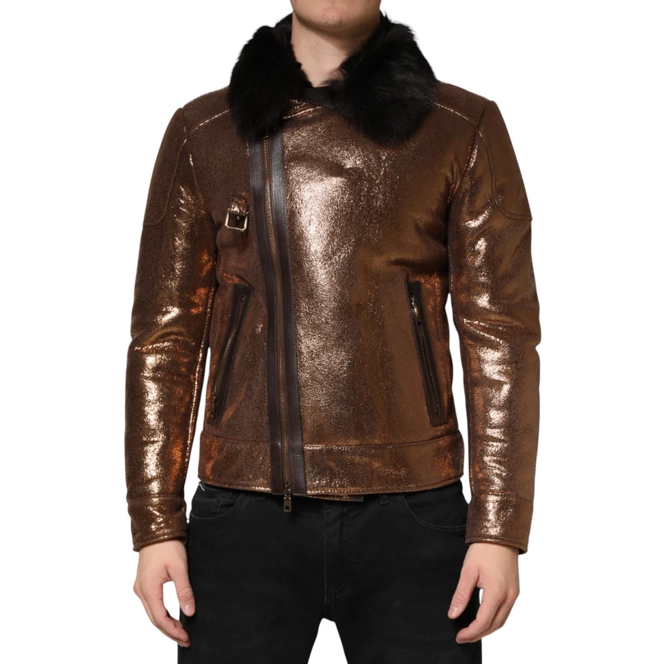 DOLCE & GABBANA Jacket Bronze Leather Fur Full Zip Men Biker IT46/US36/S 2630usd - Image 1 of 4